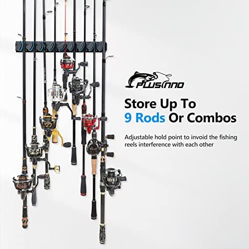 PLUSINNO Vertical Fishing Rod Holder, Wall Mounted Fishing Rod Rack, Fishing Pole Holder Holds Up to 9 Rods or Combos, Fishing Rod Holders for Garage, Fits Most Rods of Diameter 3-19mm — view 2