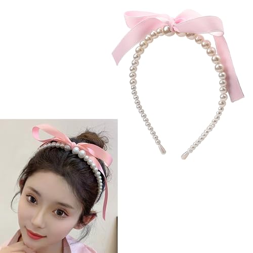 ShiQiao Spl Pearl Bows Streamer Headband for Women Pink Ribbon Bow Headband for Girls Bowknot Pearl Hair Band Hoop Bow Ribbon Pearl Headpiece for Women Pearl Hair Accessories for Women Girls Teens