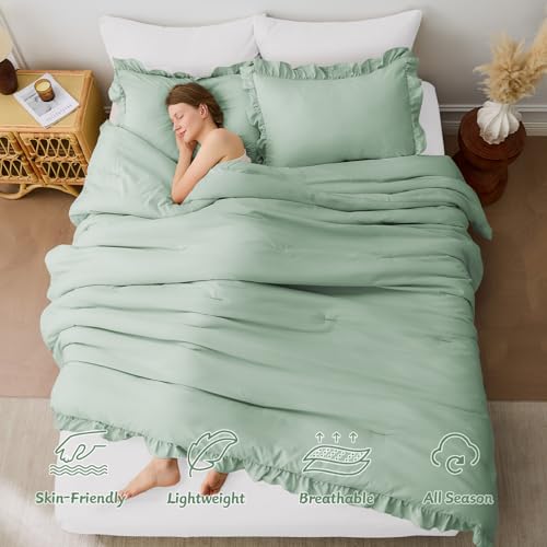 Image of FUANNA Full Size Comforter Sets Sage Green, 3 Pieces Ruffle Full Size Bedding Sets, Fluffy Bed in a Bag Full for All Seasons, Shabby Chic Full Bed Set with 1 Lightweight Comforter & 2 Pillowshams
