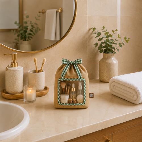GOLDEN HEART HOME STYLE Reusable Jute Produce Bag with Clear Window – Rustic Farmhouse Pantry & Vegetable Storage Sack – Natural Burlap with Gingham Trim – Small & Large Sizes (green, small) by GOLDEN HEART HOME STYLE - Used condition - Image 3