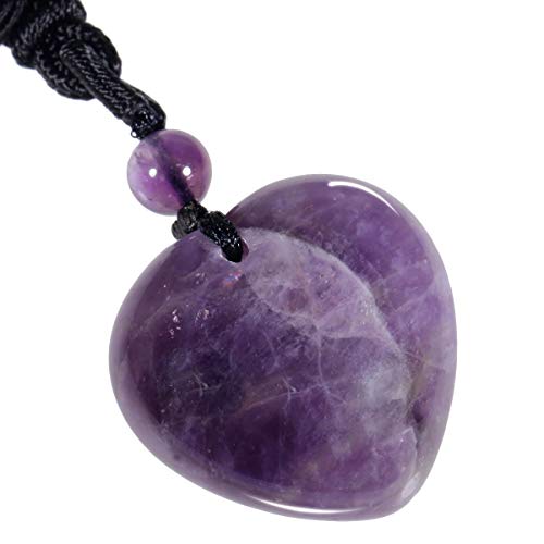 Tumbeelluwa Carved Stone Heart Shape Necklace Chakra Quartz Pendant With Cord Amulet Healing Crystal Jewelry For Unisex, Amethyst #TOP1