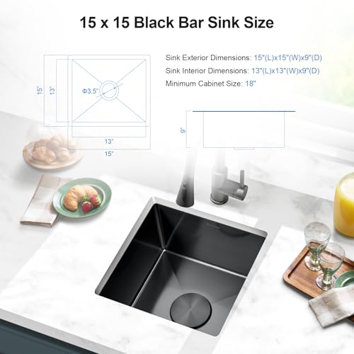 Suncano 15x15 Gunmetal Black Bar Sink Undermount, Stainless Steel Single Bowl Handmade Square Wet Bar & Prep Under Counter Small Kitchen Sinks with Grid by suncano - Used condition - Image 6