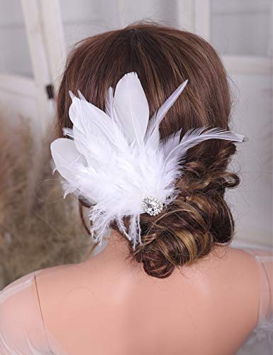 Aimimier 1920S Flapper White Feather Headpiece Crystal Feather Hair Clip Roaring 20S Feather Accessories Masquerade Gatsby Hair Jewelry For Women And Girls #TOP21