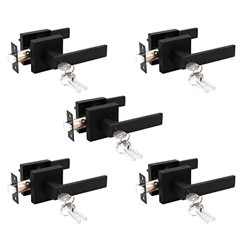 Probrico 5 Pack Entry Door Lever with Lock and Key,Entrance Door Handles for Office and Front Door,Matte Black Door Knobs Keyed Alike Same Key Lockset (Each with 3 Keys)