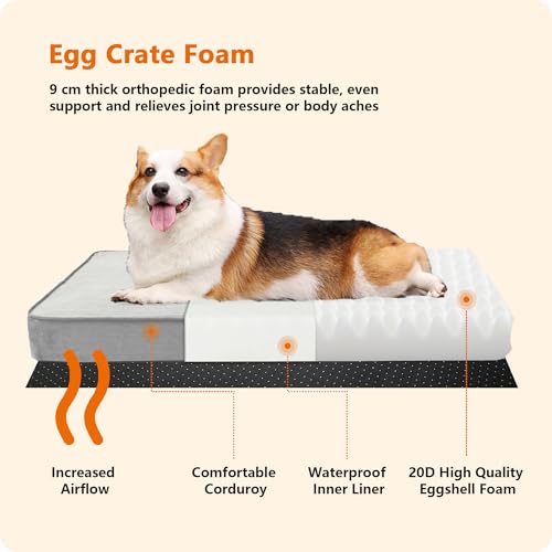 HMTOPE Orthopädisches Hundebett, 9cm Dicke Hundekissen für Mittelgroße Hunde, Abnehmbar und Waschbar Hundematte, rutschfeste Unterseite, Wasserdichtes Innenfutter, 91 cm, Hellgrau