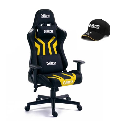 Nitro - Sedia Gaming Ergonomica, Sedia Ufficio Tessuto E Similpelle, Sedia Da Gaming Reclinabile Con Cuscino Lombare, Poggiatesta, Braccioli, Cappello Incluso, Sedia Scrivania Flyco Pro (Giallo/Nera)