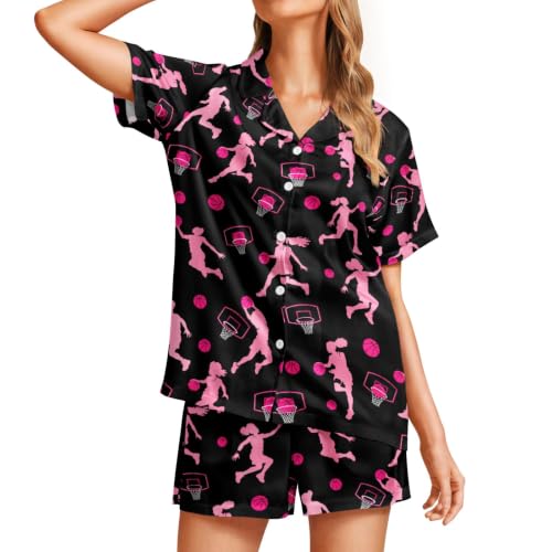 Image of Funny Pajamas for Women Set Print Satin Loungewear Pjs Short Sleeve Button Down Top and Shorts Sets Sleepwear XS-3XL