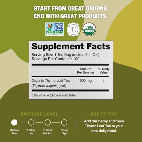 FGO Organic Thyme Leaf Tea, 100 Count, Eco-Conscious Tea Bags, Caffeine Free, Resealable Bag, Packaging May Vary (Pack of 1)