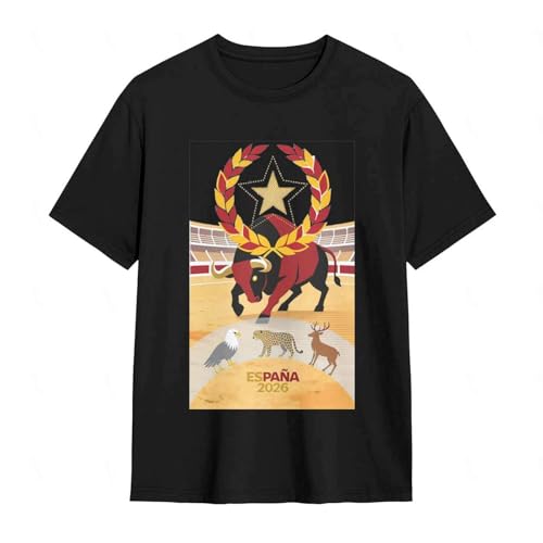 Camiseta Futbol para Mundial 2026, Algodón Puro,Cuello Redondo Camiseta Gimnasio con Elementos De La Copa del Mundo Camisetas De Hombre,Negro-M