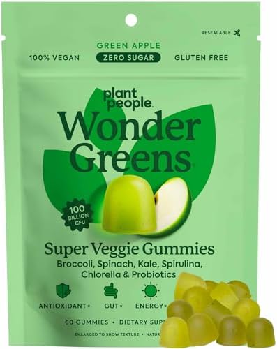 Plant People WonderGreens Veggie Gummies Super Greens with Probiotics Multivitamin Support Gummy for Wellbeing, Energy, Immune and Gut Health, Green Apple Flavor (60 Count)