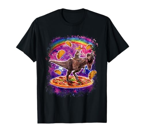 Space Cat Riding Dinosaur T rex Unicorn on Pizza and Taco Camiseta