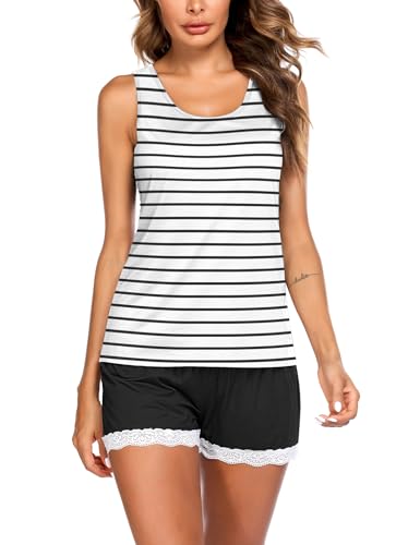 Image of Ekouaer Womens Pajama Sets Sleeveless Tank Top and Shorts Pj Set Lace Hem Sleepwear S-XXXL
