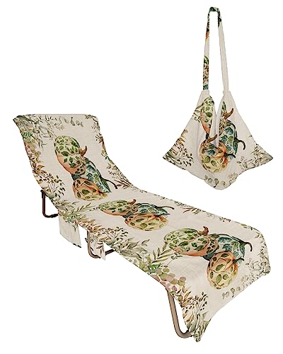 Pumpkins, Beach Lounge Chair Towel Cover, Soft Chaise Lounge Towel with Side Pockets Patio Pool Chairs Cover for Beach/Pool Sunbathing 29x85 Fall Thanksgiving Eucalyptus Leaves Flower