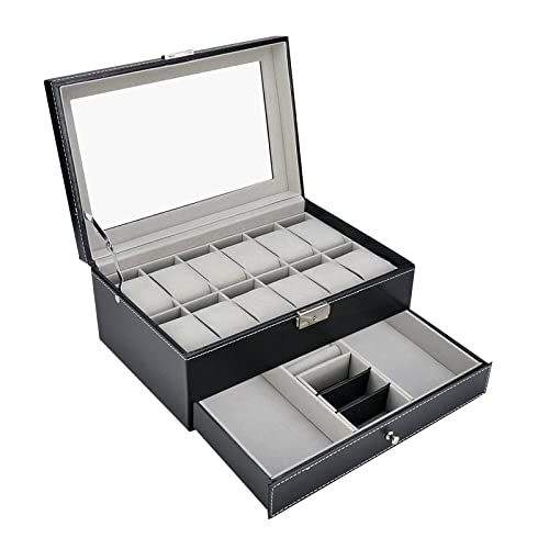 Queiting Watch Box 12-Slot PU Leather Watch Storage Box 2-Tier Watch Display Case with Glass Lid Gifts for Men and Women for Watches Jewelry and Sunglasses Storage