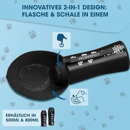 Pets Perfect Trinkflasche Hunde für unterwegs - Hundetrinkflasche für unterwegs aus robustem Edelstahl 800ml - Auslaufsichere Trinkflasche to go - Hund Wasserflasche in 2 Größen