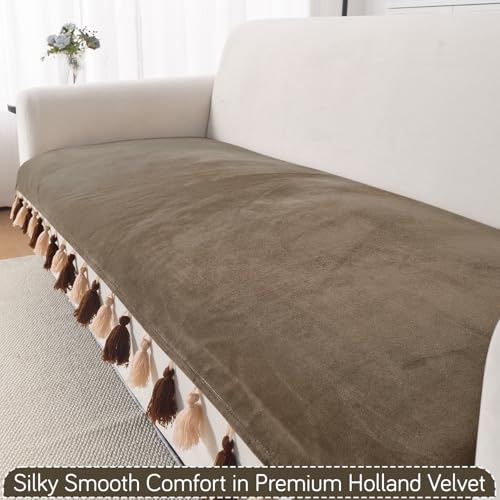 Image of HOKIPO 5 Seater Sofa Cover Mat with Tassel in 3+1+1 Configuration | Dyed Holland Velvet Fabric | 'TasselTone Series' | Coffee Brown (IN-1108+1104-CF*2)