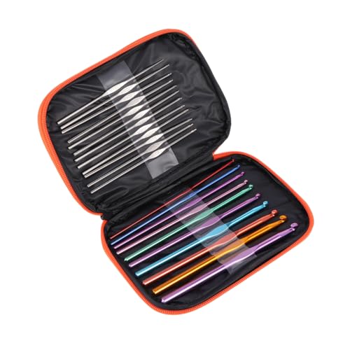 OFFSCH 22 piezas Ganchos de Crochet de Aleación de Aluminio Suaves y Resistentes con Estuche de Cuero Naranja para Tejer y Manualidades