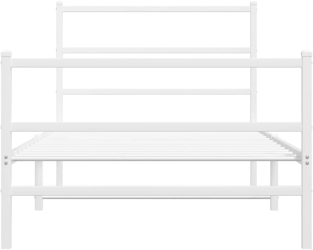 White Steel Twin Bed Frame with Headboard Modern Rectangular Design Sturdy Durable Platform Foundation for Bedroom Mattress Support Easy Assembly No-Box-Spring-Needed