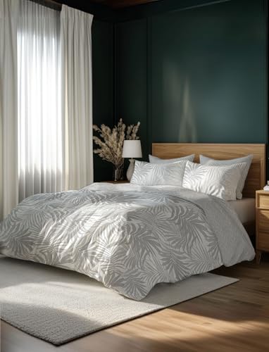 Image of LANE LINEN 400TC Morrison Bloom Super King Size Bedsheet with 4 Pillow Cases | 100% Cotton Digital Print Bedding Set (2.74 M x 2.74 M) | Modern Floral Pattern for Luxurious Comfort (Grey Leafs)