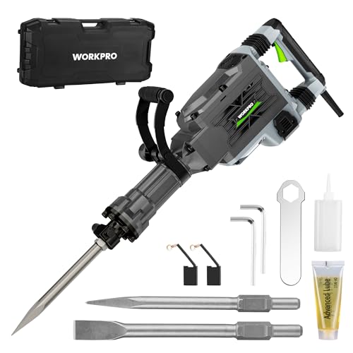 WORKPRO 60 J Demolition Jack Hammer – 15A Heavy Duty Electric Concrete Breaker, 1900 BPM Industrial Jackhammer with 2 HEX30 Chisels, UL Plug, Wheeled Carry Case for Construction & Renovation