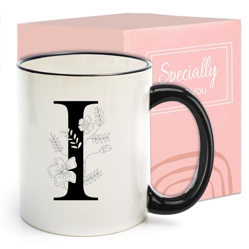 Monogram Ceramic Coffee Mugs, 11 oz Initial Drinking Cup with Gift Box, Unique Birthday Valentines Day Gifts for Women Wife Mothers Day Grandma Mom Aunt, I