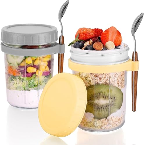 Image of KELVEE Reusable Overnight Oats Jars, 2-Pack Mason Jars with Lids and Spoons, Glass Overnight Oats Container, 350ml, portable yogurt jar, cereal Container, salad Jar (Multicolor) (2)