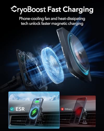 ESR Bezprzewodowa ładowarka samochodowa z CryoBoost (HaloLock), kompatybilna z ładowarką samochodową MagSafe, akcesoria samochodowe do telefonów iPhone 15/14/13/12, szybkie ładowanie, chłodzenie
