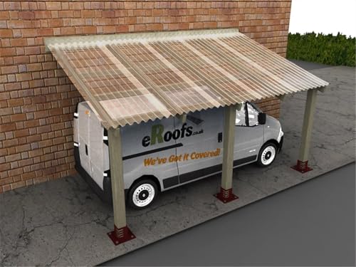 Image of eDecks Wooden Carport Kit - Pressure Treated Timber - Wall Mounted - Clear Profile PVC Roof - 2.4m x 3.0m - With Steel Spikes (2.1m) - Car Parking Storage Shelter Lean To for Outdoor Garden Area