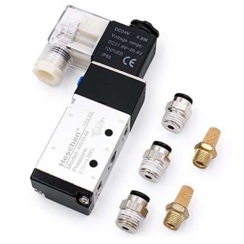 Heschen Válvula solenoide neumática eléctrica 4V210-08 24VDC PT1/4 5 vías 2 posiciones bobina única operada por piloto, CE eléctrico con accesorios y silenciador