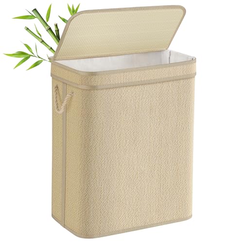 SONGMICS Cesto de Ropa Sucia, Cesta de Colada de Bambú, 90 L, Bolsa de Ropa Extraíble y Lavable a Máquina, con Tapa, Asas, para Lavadero, Dormitorio, Salón, Natural LCB067Y01