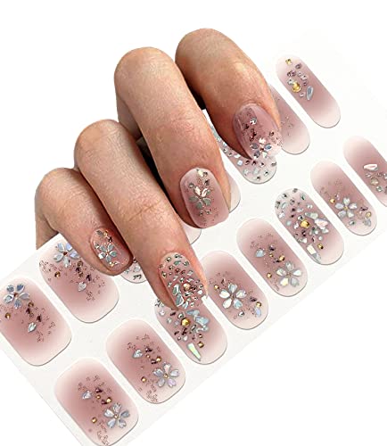 Self-Adhesive Pink Blush Nude Neutral Full Nail Wraps Temporary Decal Tattoo Stickers With Silver Holographic Gold Flowers | Brighter, Thicker, Tougher Polish Strips For Women Teens And Girls | Diy Nail Art Decoration (1 Sheet-16 Strips) #TOP2