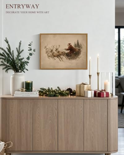 Image of ARPEOTCY Framed Winter Christmas Wall Art, Christmas Reindeer Sled