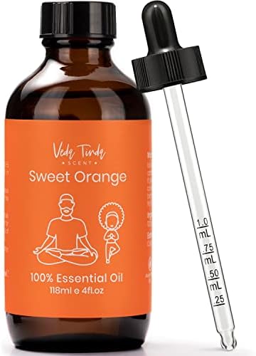 Veda Tinda Sweet Orange Essential Oils, 100% Pure Nature Organic Orange Oil for Mood Lift, Refreshing, Clear Head with Diffuser, 4 fl oz 118ml