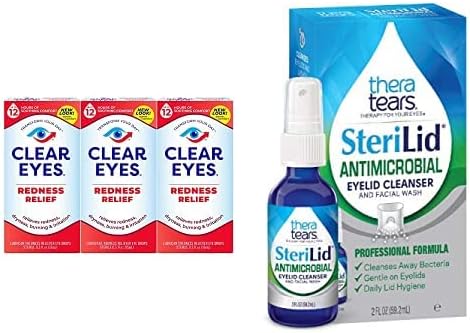 TheraTears Steralid Eyelid Cleanser & Clear Eyes Redness Relief Lubricant Eye Drops (0.5 fl oz, Pack of 3)