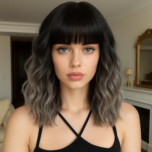 Short Wavy Gray Wig with Bangs 14inch Ombre Grey Highlight Brown Wigs for Women Short Curly Bob Wigs Synthetic Natural Looking Hair Replacement Wigs Costume Cosplay Halloween Wig(14'' Ombre Gray)