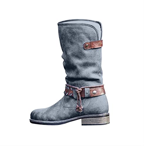Btdeclar Mid Calf Western Boots For Womens Winter Warm Suede Belt Buckle Snow Boots Steel Toe Stacked Low Heel Side Zipper Riding Boots Cowboy Chelsea Boots #TOP6