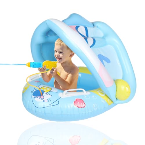 Image of PATPAT Thicken Inflatable Kids Pool Float with Canopy Detachable, Pirate Ship Floaties with Captain & Water Gun, Swimming Pool for Boys & Girls Suitable Child for 3-6 Year Olds