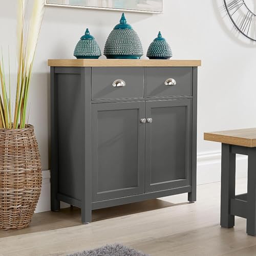 Home Source 2 Door 2 Drawer Sideboard Storage Cupboard, Shelf, Metal Handles, Oak Effect, Dark Grey