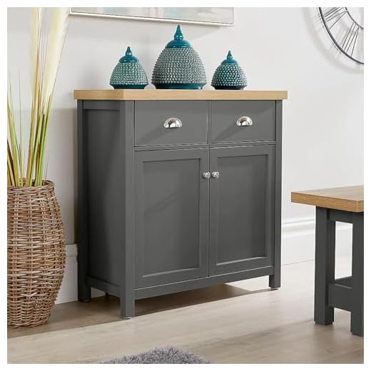 Home Source 2 Door 2 Drawer Sideboard Storage Cupboard, Shelf, Metal Handles, Oak Effect, Dark Grey