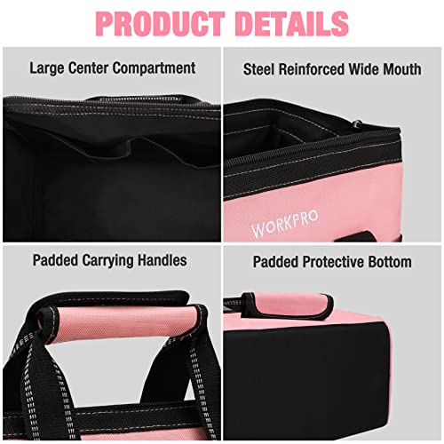 Workpro 13-Inch Tool Bag, Pink Soft Cloth Tool Storage Bags, Wide Mouth Tool Tote Bag With Inside Pockets - Pink Ribbon #TOP2