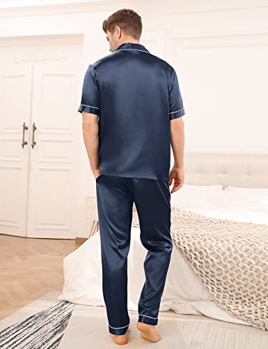 Image of SWOMOG Mens Satin Pajama Set Short Sleeve Classic Sleepwear Button Down Silky Loungewear with Long Pants