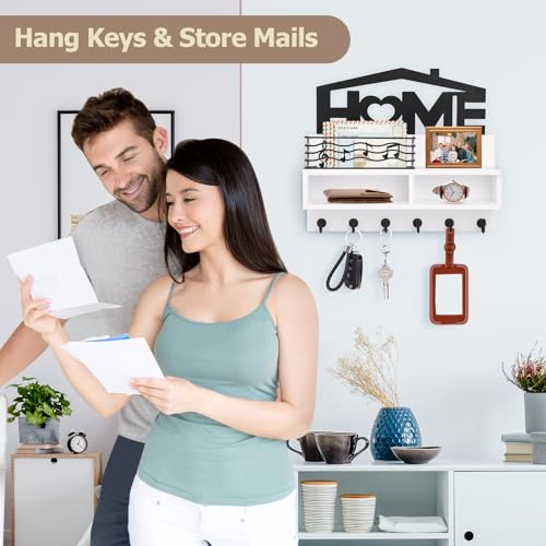 VISV-Key-Holder-Wall-Mount-Wooden-Key-Mail-Holder-Decorative-Key-Rack-with-Shelf-Key-Mail-Organizer-with-Iron-Storage-Basket-6-Key-Hooks-2-Compartments-for-Entryway-Doorway-Hallway-White