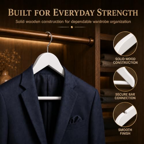 Image of Ash & Roh - Wooden Suit Hangers - Smooth Finish Solid Wood Coat Hanger with Non Slip Pants Bar, 360 Swivel Hook and Precisely Cut Notches Camisole, Jacket, Clothes Hangers (White Hanger, 45)