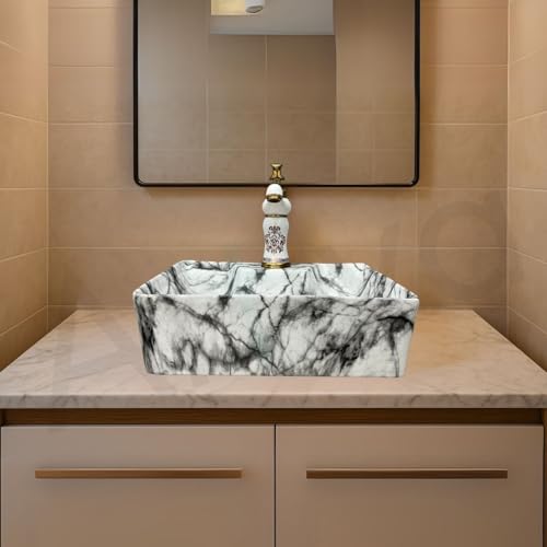 Image of Artiva Ceramic Wall Mounted Bathroom Basin /Designer Table Top Sink For Bathroom /Wall Hung Washbasin /Wash Basin For Cabinet, Countertop, Vanity /Glossy Vessel Sink (Cloudy White 16 x 12 x 5 Inch)