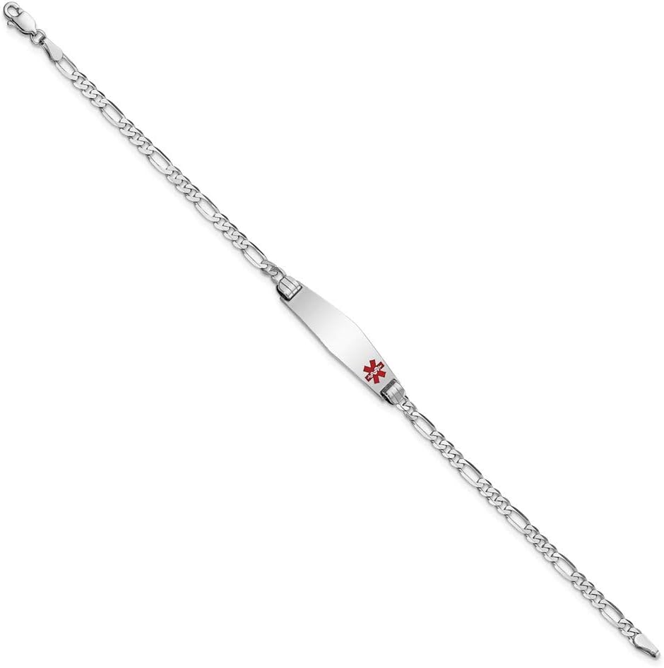 Engravable Personalized Custom 14K White Gold Medical Soft Diamond Shape Red Enamel Figaro Link ID Bracelet For Men or Women Length 7 inches Width 7.5 mm