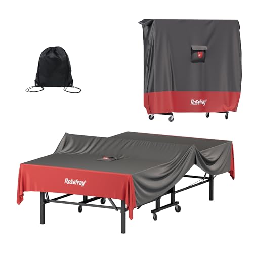 Rosefray Ping Pong Table Cover,420D Waterproof Heavy Duty Table Tennis Table Covers Fits 9 x 5 FT Both Folding & Flat Tables for Indoor Outdoor Use with Paddles Storage Bag Blk-Red