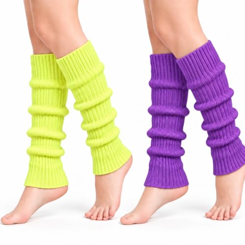DUOJINSANXI 2 Pcs Leg Warmers Y2k, Leg Warmers, Y2k Accessories, Cute Kawaii Cream Legwarmers for Women Winter (Fluorescent yellow + light purple)
