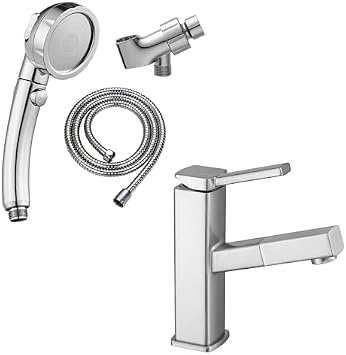 KAIYING High Pressure Handheld Shower Head with ON/OFF Pause SwitchChrome & KAIYING Single Hole Bathroom Sink Faucet with Pull Out SprayerRegular, Chrome