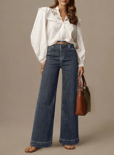 Image of Dokotoo Women's Casual High Waisted Jeans Stretch Wide Leg Loose Denim Pant