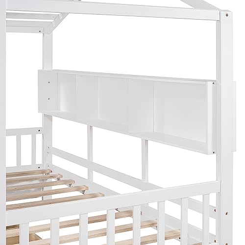 Image of Modern Twin Size House Bed with Roof and Window, Wooden Daybed Frame with Shelves and 2 Drawers,Bedroom Furniture for Girls & Boys (White+2 Drawers /)